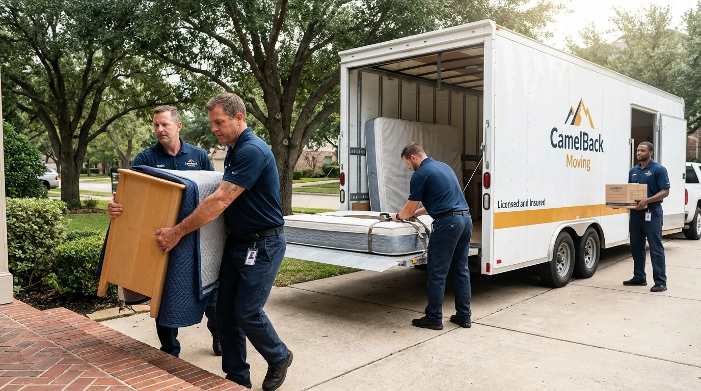Crew loading residential truck for cross-state move from Albion, ME