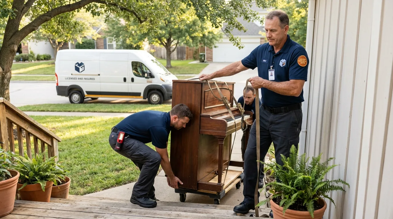 Licensed piano movers securing grand piano in Albion, ME