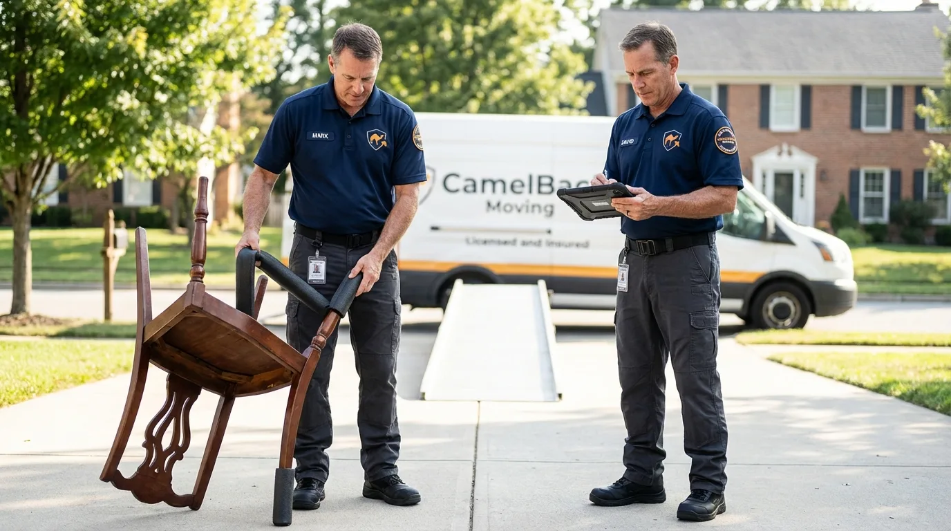 Movers inspecting furniture for damage prevention before loading in Albion, ME