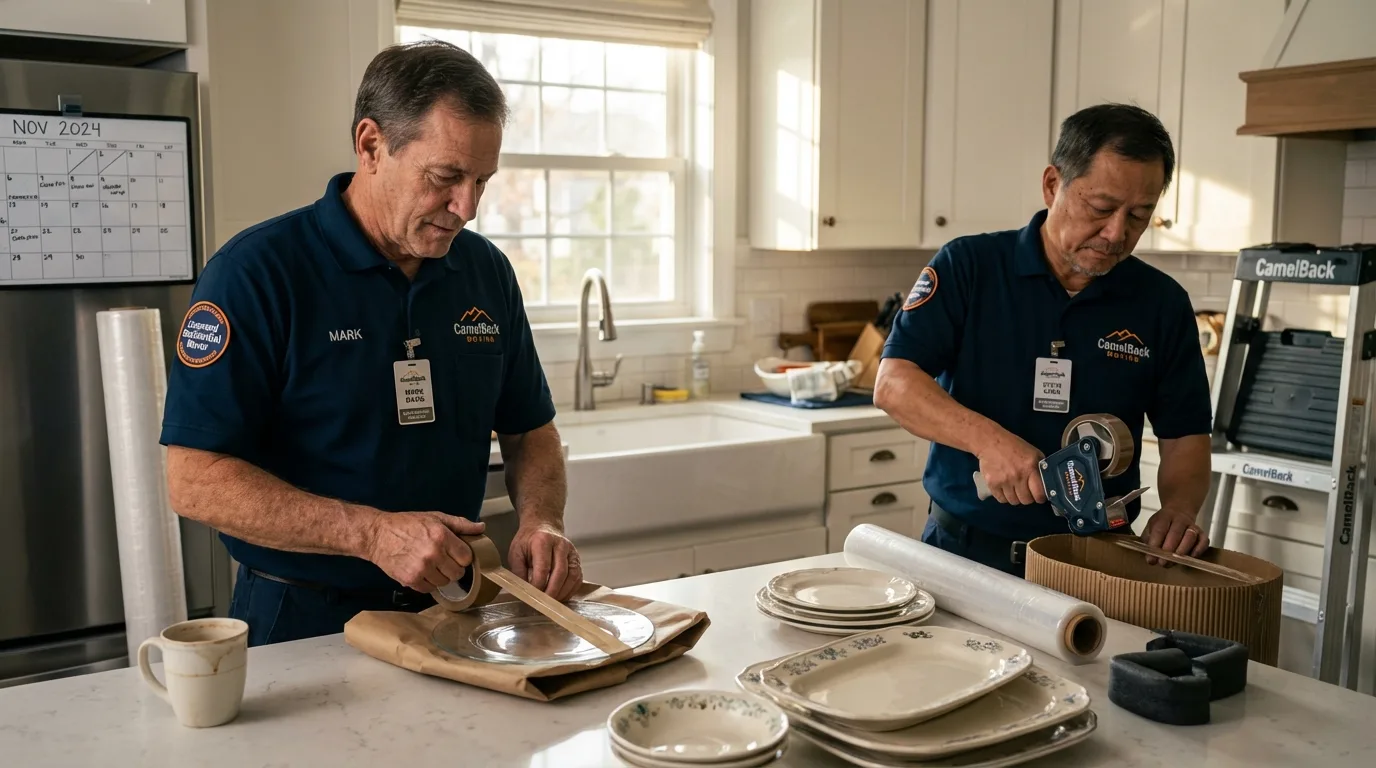 Professional crew packing kitchen dishware in Albion, ME